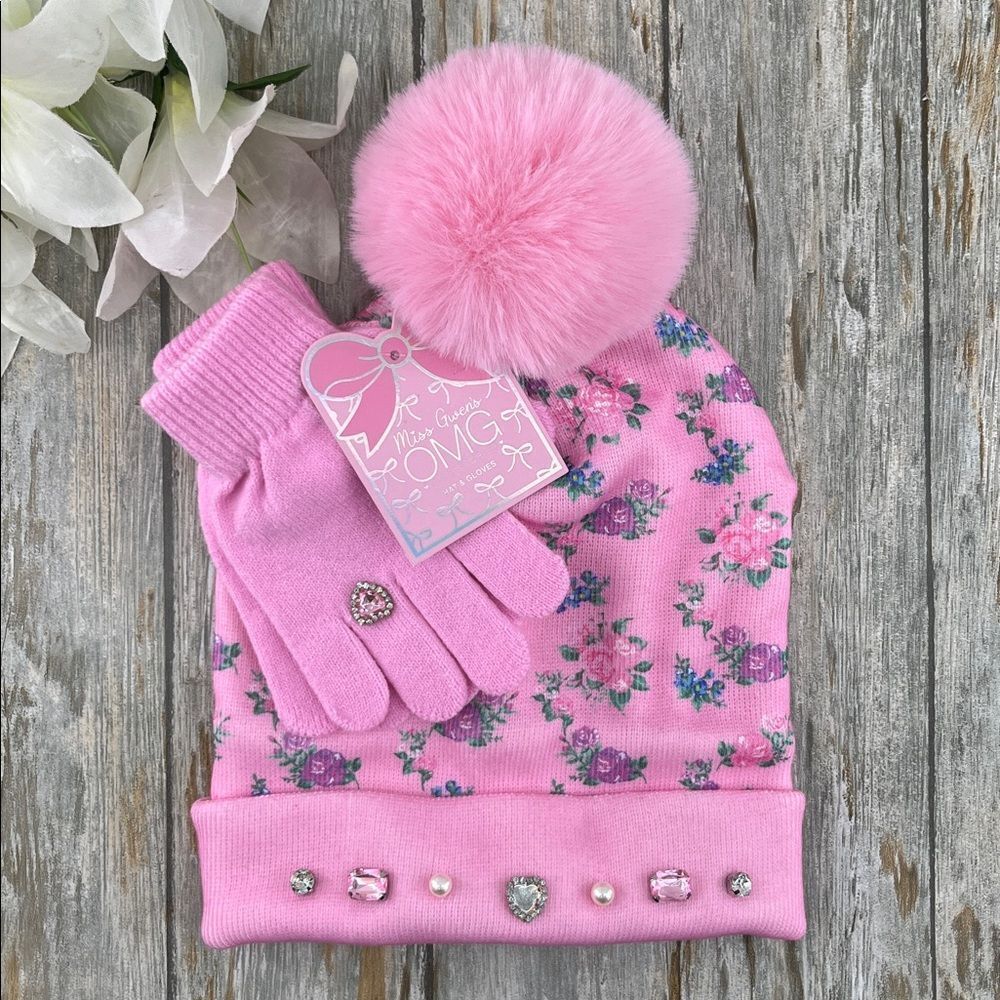 Pink Floral Rhinestone Jewel Hat and Gloves Set